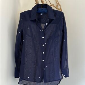 Navy Sheer Button-Up Shirt with White Accents